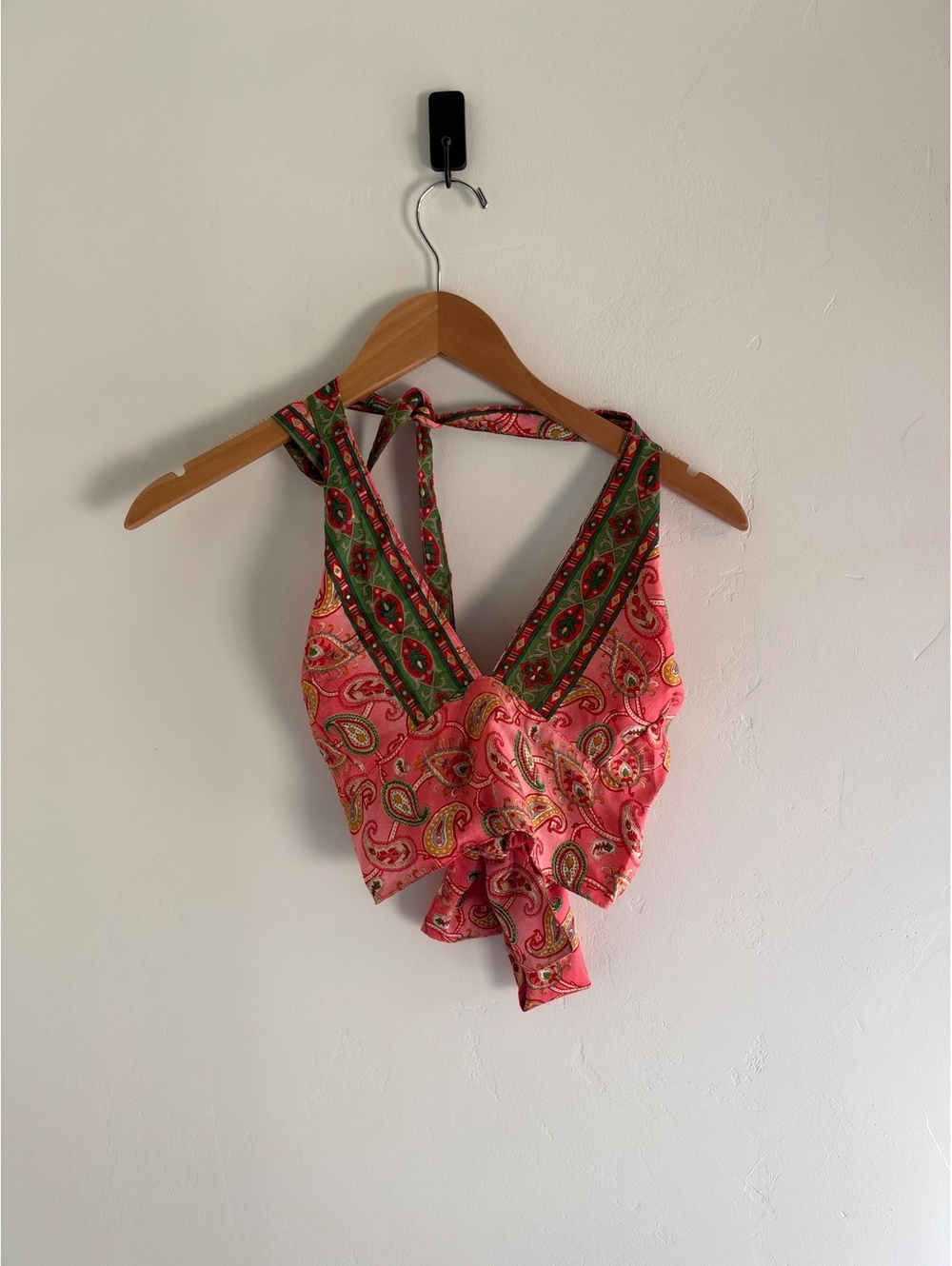 Pink Paisley Scarf Print Halter Tie Back Crop Top S/M Boho Y2K